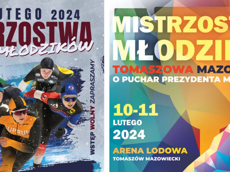 Na zdjęciu plakaty Mistrzostw Polski w Arenie. Na plakacie grafiki łyżwiarzy podczas startów