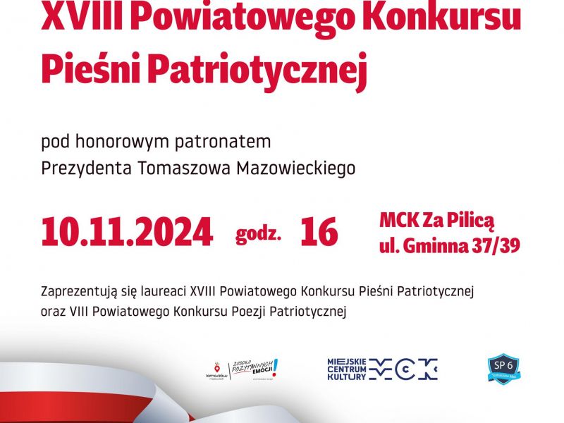 Na zdjęciu plakat Powiatowego Konkursu Pieśni i Poezji Patriotycznej> Na plakacie biało-czerwona wstęga