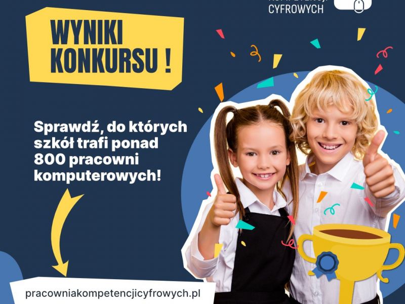 Na zdjęciu baner konkursu, w którym mozna wygrać komputery do pracowni szkolnej. Na plakacie para dzieci pokazująca kciukiem znak 