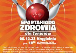 Na zdjęciu plakat Spartakiady Seniorów. na plakacie kręgle i kula do kregli.