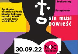 Na zdjęciu plakat Nocy Bibliotek 2022. Na plakacie grafika postaci trzymającej książkę